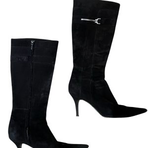 Black Suede Knee-High Stiletto Boots - Size 38