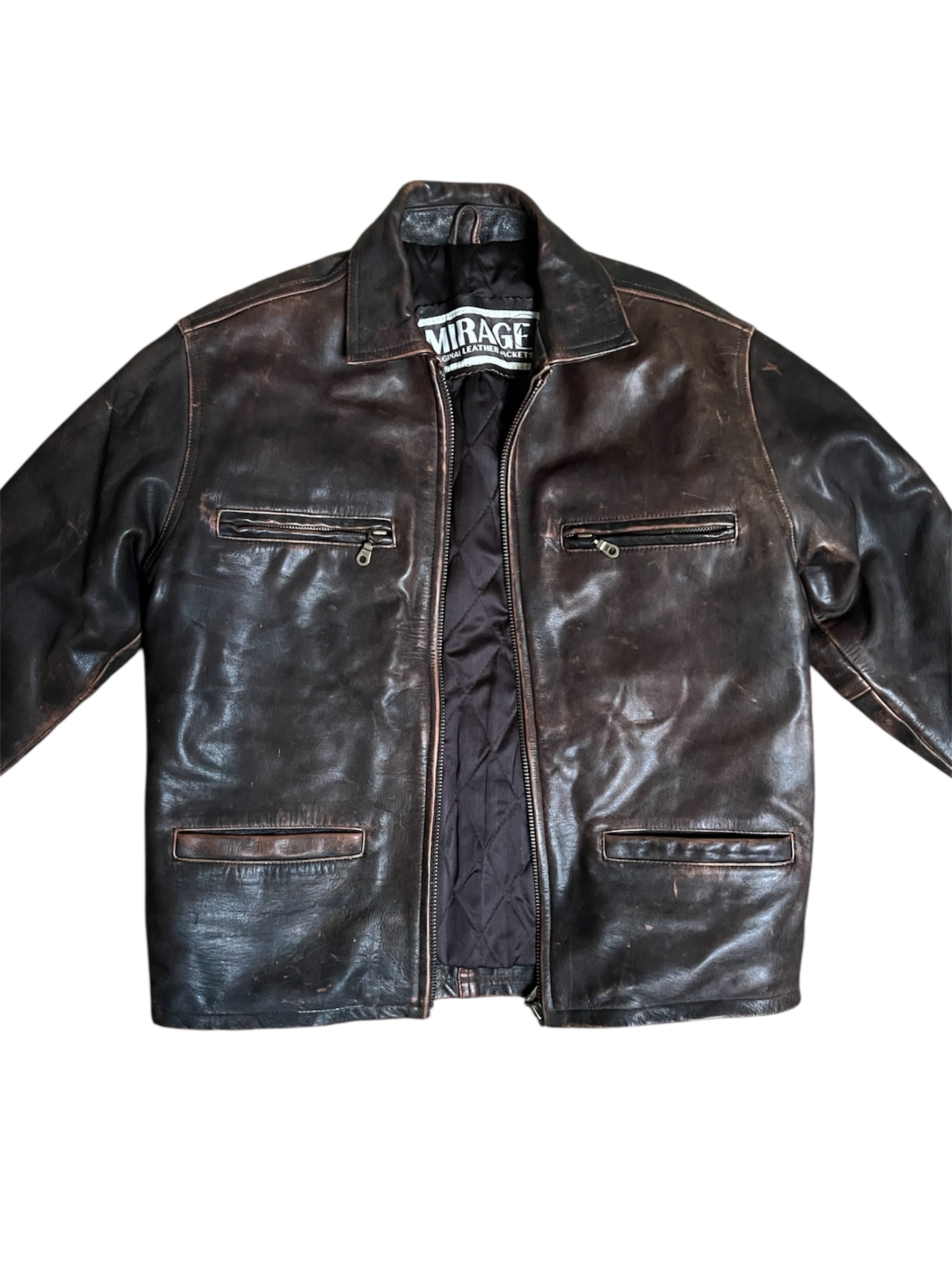 Vintage Mirage Brown Leather Jacket – Men’s Size L – Distressed Bomber Style