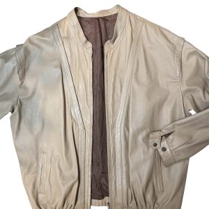 Vintage Beige Leather Bomber Jacket - Size Large (L)