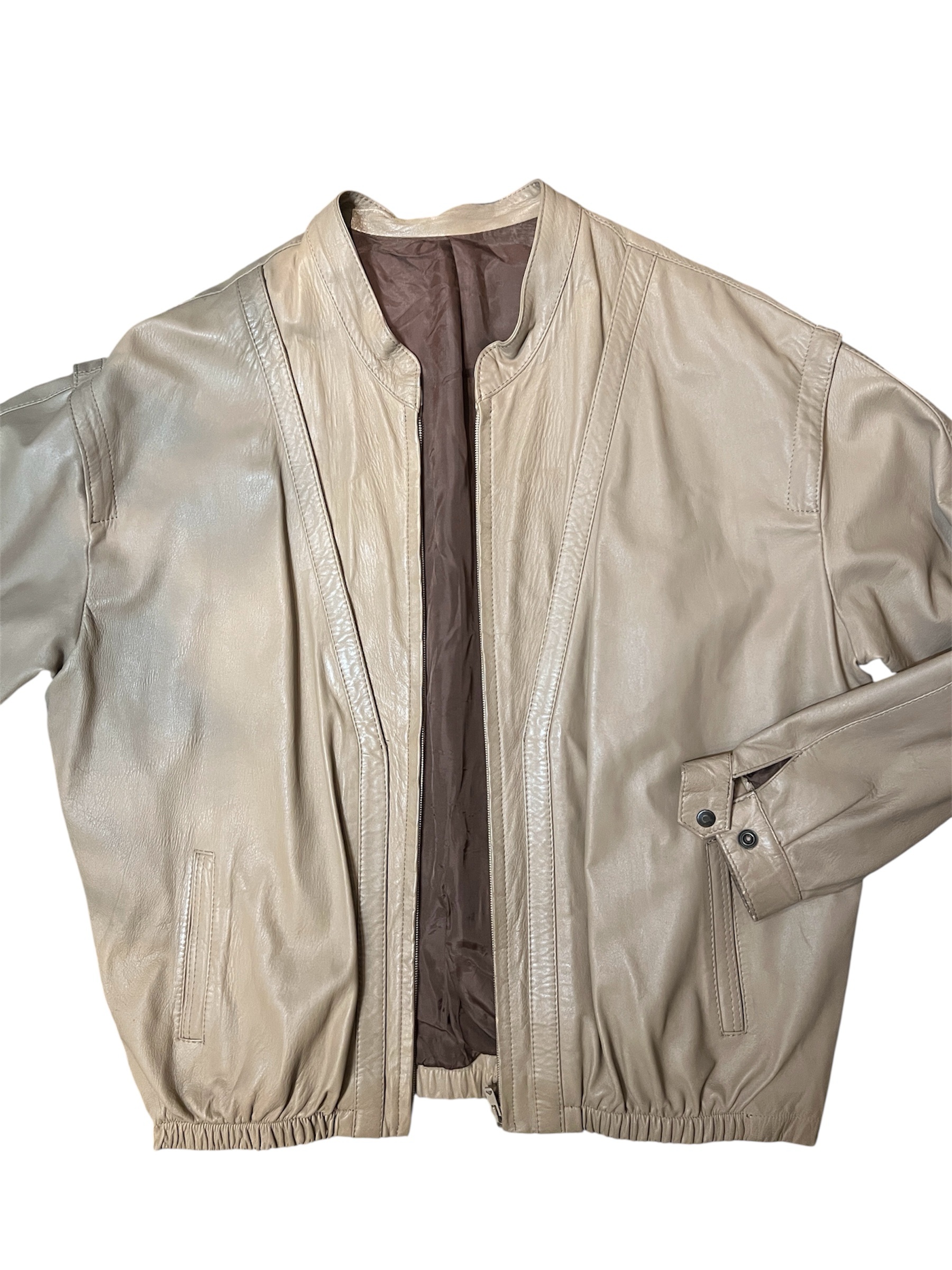 Vintage Beige Leather Bomber Jacket – Size Large (L)