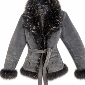 Grey Leather Jacket with Raccoon Fur – Size S